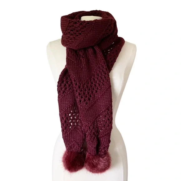 MixIt Maroon Acrylic Knit Scarf with Faux Fur Pompoms - Picture 3 of 7